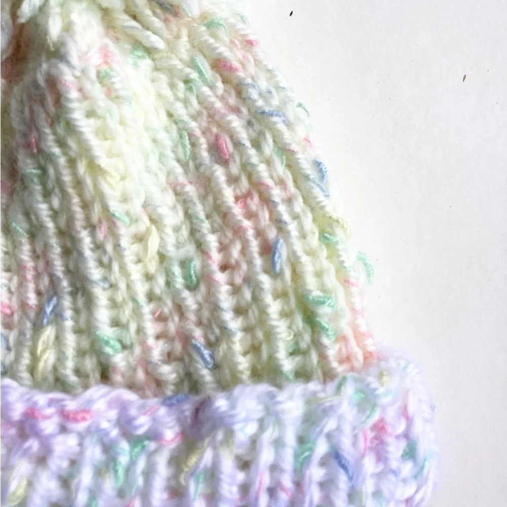 Baby Beanie Hat Hand Crafted Yellow White PomPom Knit